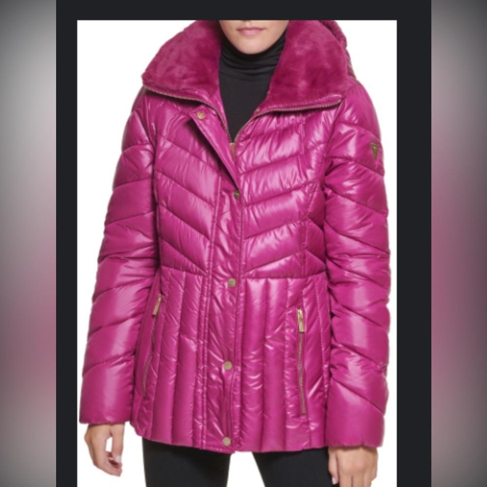 Guess Faux Fur Collar Puffer Coat
